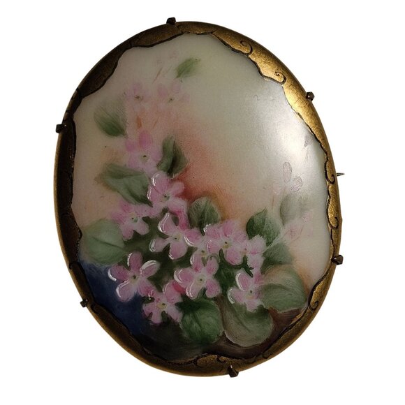 Antique Hand-Painted Porcelain Floral Brooch Victorian C-Clasp Pink Romantic Pin - Picture 2 of 13